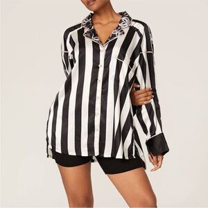 We Are Hah HAHT Striped Printed Button Down Satin Long Sleeve Pajama Shirt Sz XL